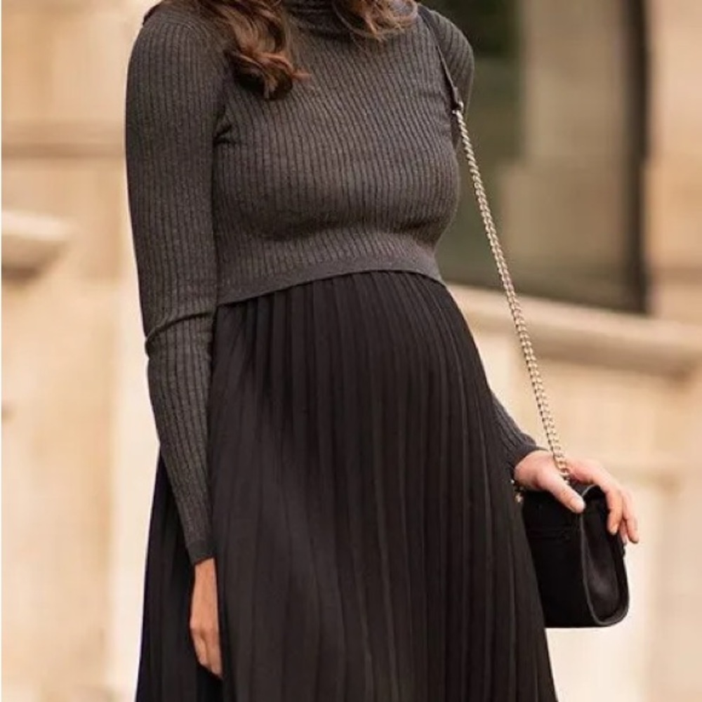 Seraphine Charcoal Pleated Maternity & Nursing Dress
